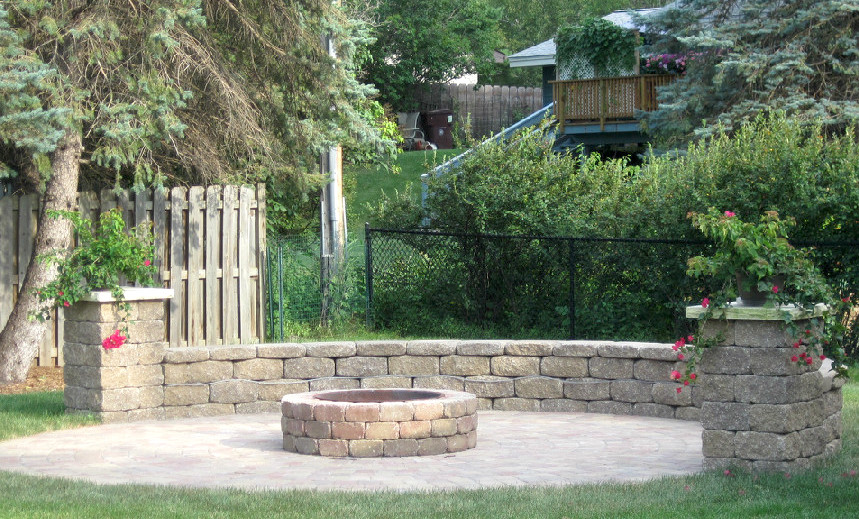 Large Paver Patio with Firepit, Wall and Accent Columns